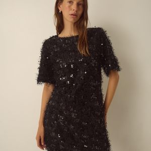 Monsoon Skylar Short Sleeve Sequin Fringe Mini Dress Black