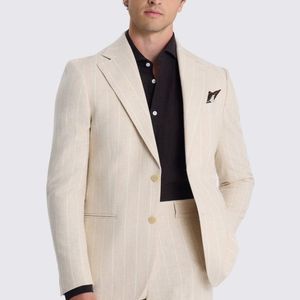 Moss Bros Natural Relaxed Fit Light Camel Stripe Linen Suit Jacket for men