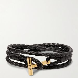 Tom Ford Black Woven Leather And Gold-tone Wrap Bracelet for men