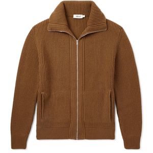 Altea Brown Ribbed Wool Zip-Up Cardigan for men