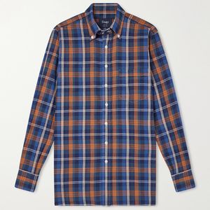Drake's Blue Button-Down Collar Checked Woven Cotton Shirt for men