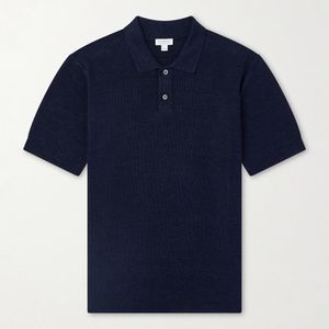 Sunspel Blue Honeycomb-Knit Linen And Silk-Blend Polo Shirt for men
