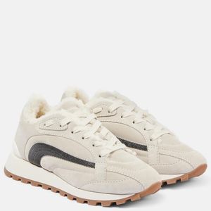 Brunello Cucinelli White Suede Shearling-Trim Sneakers