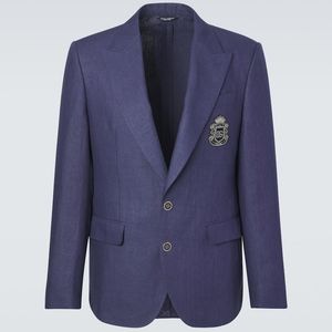 Dolce & Gabbana Blue Logo Single-Breasted Linen Blazer for men
