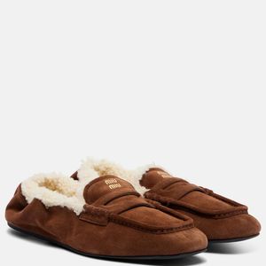 Miu Miu Brown Ruches Shearling-Lined Suede Penny Loafers