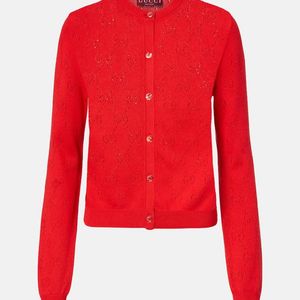 Gucci Red Gg Pointelle Silk And Cotton Cardigan