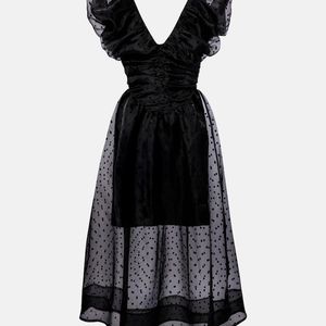Ganni Black Polka-Dot Organza Midi Dress