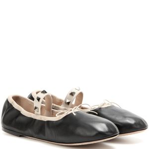 Valentino Black Rockstud Strap Leather Ballet Flats