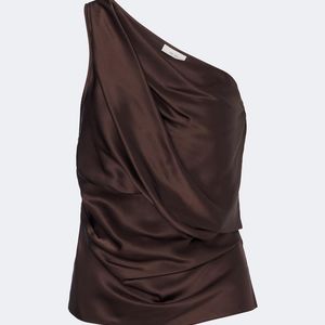 The Sei Brown Draped One-Shoulder Silk Satin Top