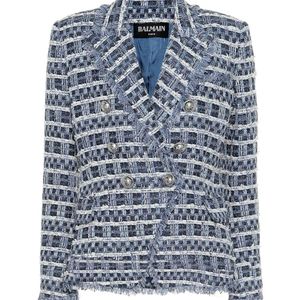 Balmain Blau Doppelreihiger Tweed-Blazer