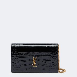 Saint Laurent Black Cassandre Croc-Effect Leather Chain Wallet