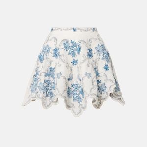 Agua Bendita Blue Retrato Embroidered Linen Miniskirt