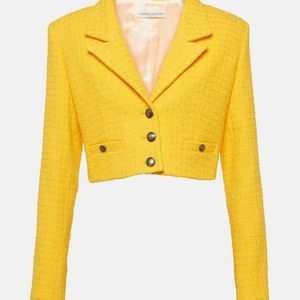 Alessandra Rich Yellow Cropped Boucle Tweed Blazer