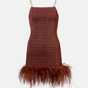 Oseree Brown Lumiere Plumage Feather-Trimmed Minidress