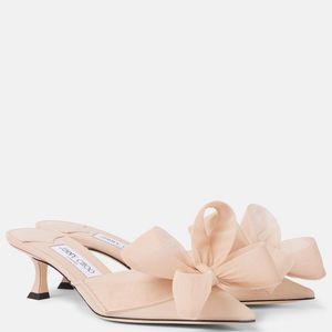 Jimmy Choo Pink Staz 50 Bow-Detail Mesh Mules