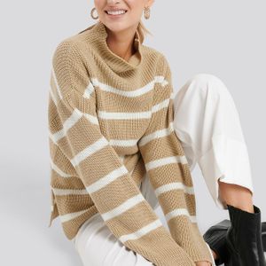 NA-KD Natur High Neck Striped Knitted Sweater