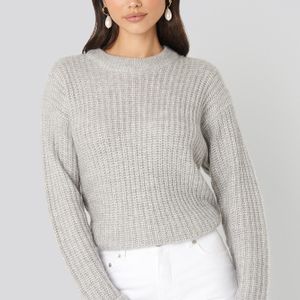 NA-KD Grau Folded Sleeve Round Neck Knitted Sweater