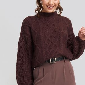 NA-KD Cable Knitted Balloon Sleeve Sweater in het Rood