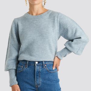 NA-KD Puff Sleeve Wide Rib Knitted Sweater in het Blauw