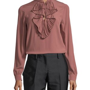 N°21 Pink Ruffle-front Long-sleeve Silk Shirt W/ Embellishments