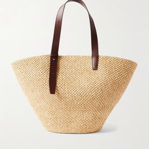 LIE STUDIO Natural Bianca Large Leather-Trimmed Raffia Tote