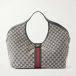 Gucci Grey Giglio Leather-Trimmed Canvas-Jacquard Tote