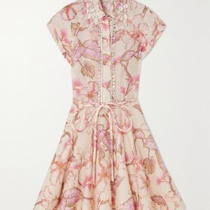 Zimmermann Pink Matchmaker Embellished Floral-Print Linen And Silk-Blend Mini Dress