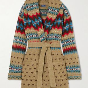 Polo Ralph Lauren Brown Belted Intarsia Wool, Alpaca And Linen-Blend Cardigan