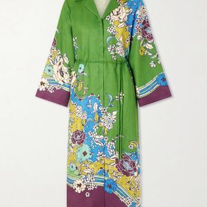 ALÉMAIS Green Nanci Belted Floral-Print Linen Midi Dress