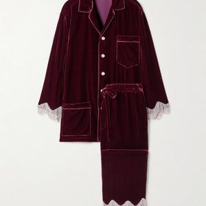 Olivia Von Halle Red Fifi Fringed Crystal-Embellished Velvet Pajama Set