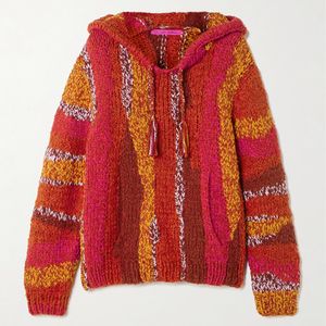 The Elder Statesman Red Tasseled Striped Organic Cotton-Bouclé Hoodie