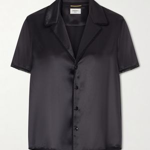 Saint Laurent Black Lace-Trimmed Silk-Satin Shirt