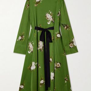 Erdem Green Bow-Detailed Floral-Print Plissé-Satin Midi Dress