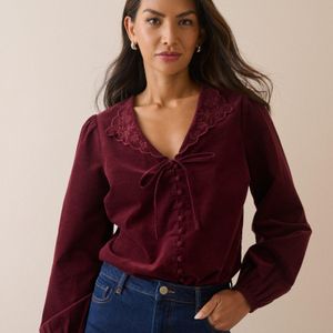 Nobody's Child Burgundy Floral Embroidered Collar Cord Blouse