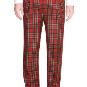 Berle Red Touch Finish Pleated Classic Fit Plaid Wool Trousers for men