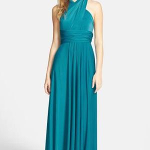 Dessy Collection Green Convertible Wrap Tie Surplice Jersey Gown