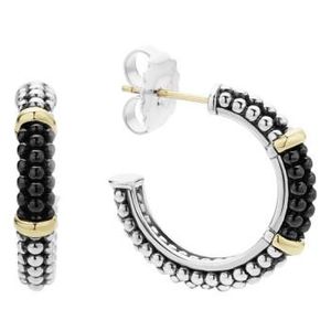 Lagos Black Caviar Ceramic 18k Gold And Sterling Silver 2 Station Hoop Earrings