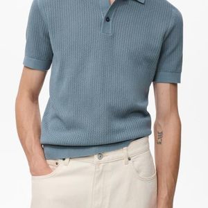 Mango Blue Openwork Knit Cotton Polo for men