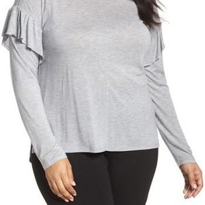 Two By Vince Camuto Grey Long Sleeve Ruffle Shoulder Top