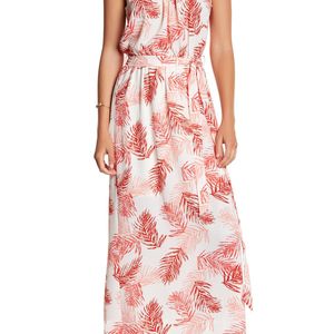 B Collection By Bobeau Pink Camellia Palm Print Maxi Dress