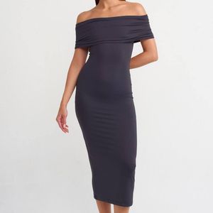 Dilvin Blue Off-Shoulder Bodycon Midi Dress