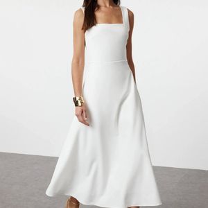 WOVCOR White Square Neck Thick Strap A-Line Midi Dress
