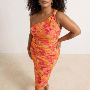 WOVCOR Orange One Shoulder Draped Bodycon Maxi Dress