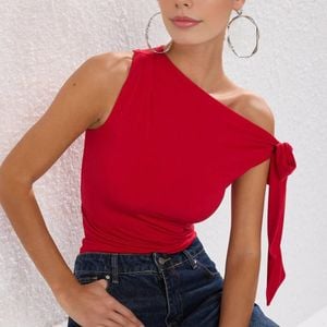 WOVCOR Red Asymmetric One Shoulder Jersey Top W/ Tie Detail