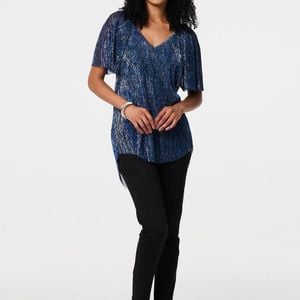 Izabel London Blue Semi Sheer Glittery Short Sleeve Top