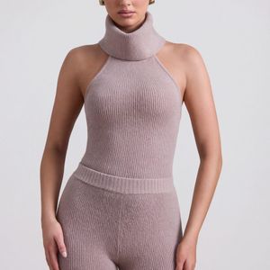 Oh Polly Natural Ribbed-Knit Turtleneck Backless Top