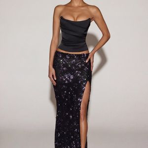 Oh Polly Black Embellished Mid-Rise Thigh-Split Maxi Skirt