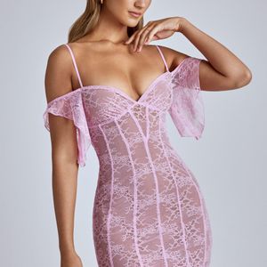Oh Polly Pink Sheer Lace A-Line Mini Dress