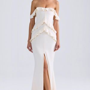 Oh Polly White Off-Shoulder Ruffle-Trim Gown