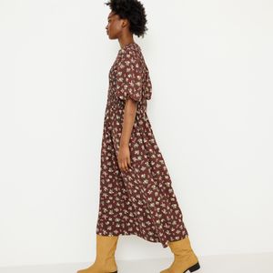 Oliver Bonas Brown Chocolate Gingham Floral Shirred Bodice Midi Dress, Size 10
